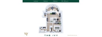 A floor plan of a one bedroom apartment with a lounge, kitchen and bathroom.