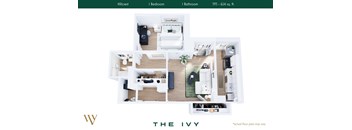 A floor plan of a small apartment with a kitchen, living room, and two bedrooms.