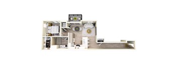 A floor plan of a house with a kitchen, living room, and two bedrooms.