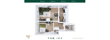 A floor plan of a small apartment with a bedroom, bathroom, and kitchenette.