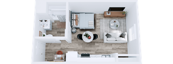 A top-down view of a modern living room with a dining area and kitchen.