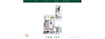 A floor plan of a studio apartment with a vine, a bathroom, and a kitchen.