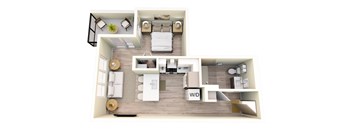 A floor plan of a small apartment with a kitchen, living room, and bedroom.