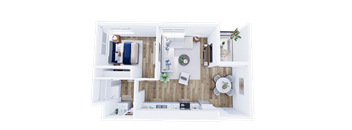 A top-down view of a modern apartment with a kitchen, living room, and bedroom.
