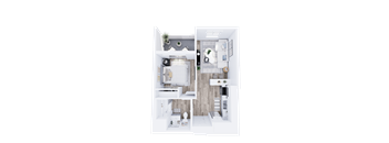 A top-down view of a modern, minimalist apartment with a bedroom, living room, and kitchen.