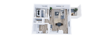 A top-down view of a house interior with a central open space and various rooms surrounding it.