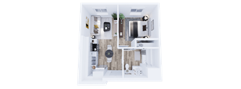 A top-down view of a modern, minimalist apartment with a kitchen, living room, and bathroom.
