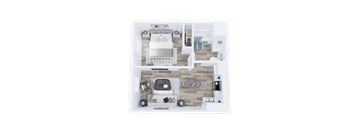 A top-down view of a small apartment with a bedroom, living room, and kitchen.