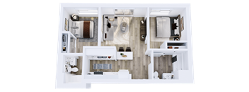 A top-down view of a well-organized apartment with a kitchen, living room, and bedroom.
