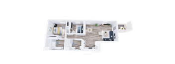 A 3D rendered image of a house layout.