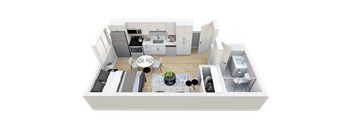A 3D rendered image of a modern kitchen and living room.