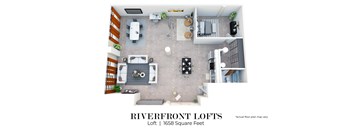 A floor plan of a 1658 square feet loft with a living room, dining room, kitchen, and bathroom.