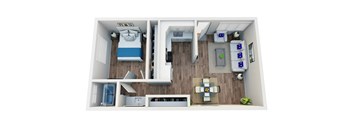 A top down view of a small apartment with a bedroom, living room, and kitchen.