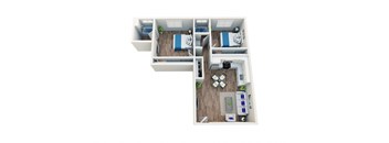 A top down view of a small apartment with a bedroom, living room, and kitchen.