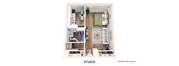 A floor plan of a studio apartment with a kitchen, living room, and bathroom.