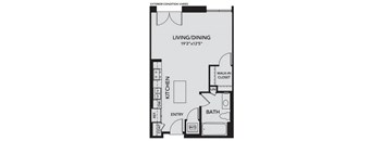 A floor plan of a small apartment with a living/dining area, kitchen, bathroom, and entry.