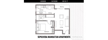 A black and white image of a floor plan for a 600 square foot apartment.