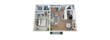 A 3D floor plan of a small apartment with a kitchen, living room, and bedroom.