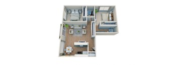 A 3D floor plan of a small apartment with a kitchen, living room, and bedroom.