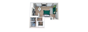 A top-down view of a small apartment with a bed, desk, and kitchenette.