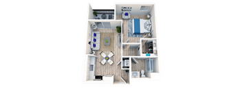 A 3D rendered image of a small apartment layout.