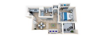 A 3D floor plan of a house showing the layout of the rooms.