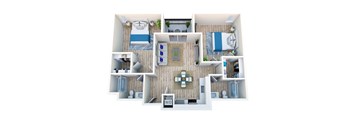 A top-down view of a small apartment with a kitchen, living room, and two bedrooms.