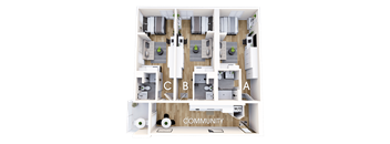 A 3D floor plan of a residential building with labeled rooms.
