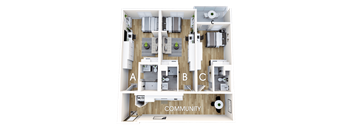 A floor plan of a house with labeled rooms A, B, C, and a community area.