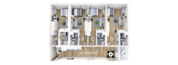 A top down view of apartment layout with A, B, C, D and W/D labeled.