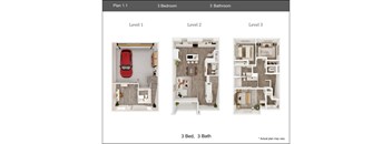 A diagram shows three different layouts for a three bedroom, three bathroom apartment.
