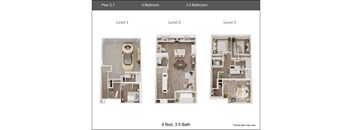 A diagram shows three levels of a house with four bedrooms and three and a half bathrooms.