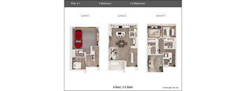 A diagram shows a 4 bedroom, 3.5 bathroom home with three levels.