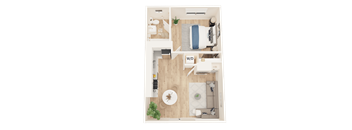 a floor plan of a bedroom with a bathroom and a living room