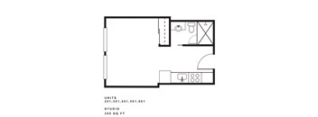 a floor plan of a studio apartment with a bedroom and a living room