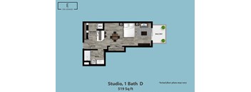A floor plan of a studio apartment with a kitchen, bathroom, and balcony.