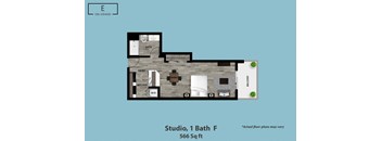 A floor plan of a studio apartment with a bath and a balcony.