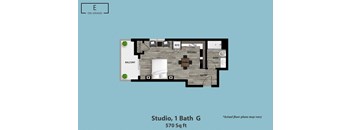 A floor plan of a studio apartment with a balcony.
