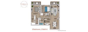A floor plan of a 2 bedroom, 2 bathroom apartment.