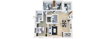 A top-down view of a well-organized apartment with a kitchen, living room, and bedrooms.