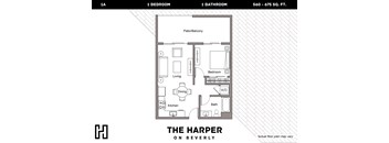 A floor plan for a 1 bedroom, 1 bathroom apartment at The Harper on Beverly.