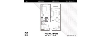 A floor plan for a 1 bedroom, 1 bathroom apartment at The Harper on Beverly.