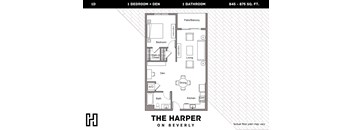 A floor plan for a 1 bedroom + den apartment at The Harper on Beverly.