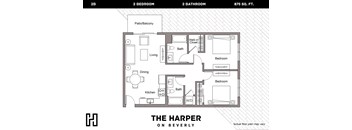 A floor plan of a 2 bedroom, 2 bathroom apartment on Beverly.
