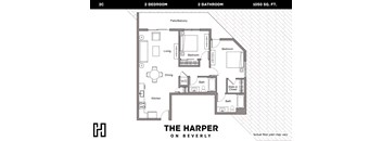 A floor plan of a 2 bedroom, 2 bathroom apartment.