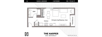 A floor plan of a one bedroom apartment at The Harper on Beverly.