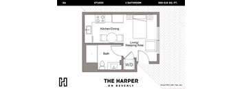 A floor plan for a 300-515 square foot studio apartment.