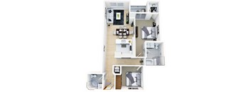 A floor plan of a small apartment with a kitchen, living room, and bedroom.