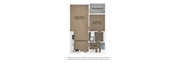 A diagram of a house layout with a living room, bedroom, kitchen, and bathroom.