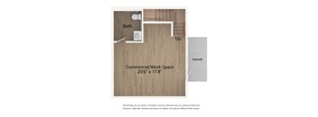 A floor plan shows a bathroom, a commercial/work space, and a sidewalk.